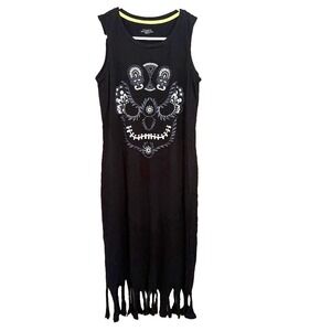 Giordano Black Sugar Skull Fringe Tunic Dress Sz M Whimsigoth Gothic Witchy Punk